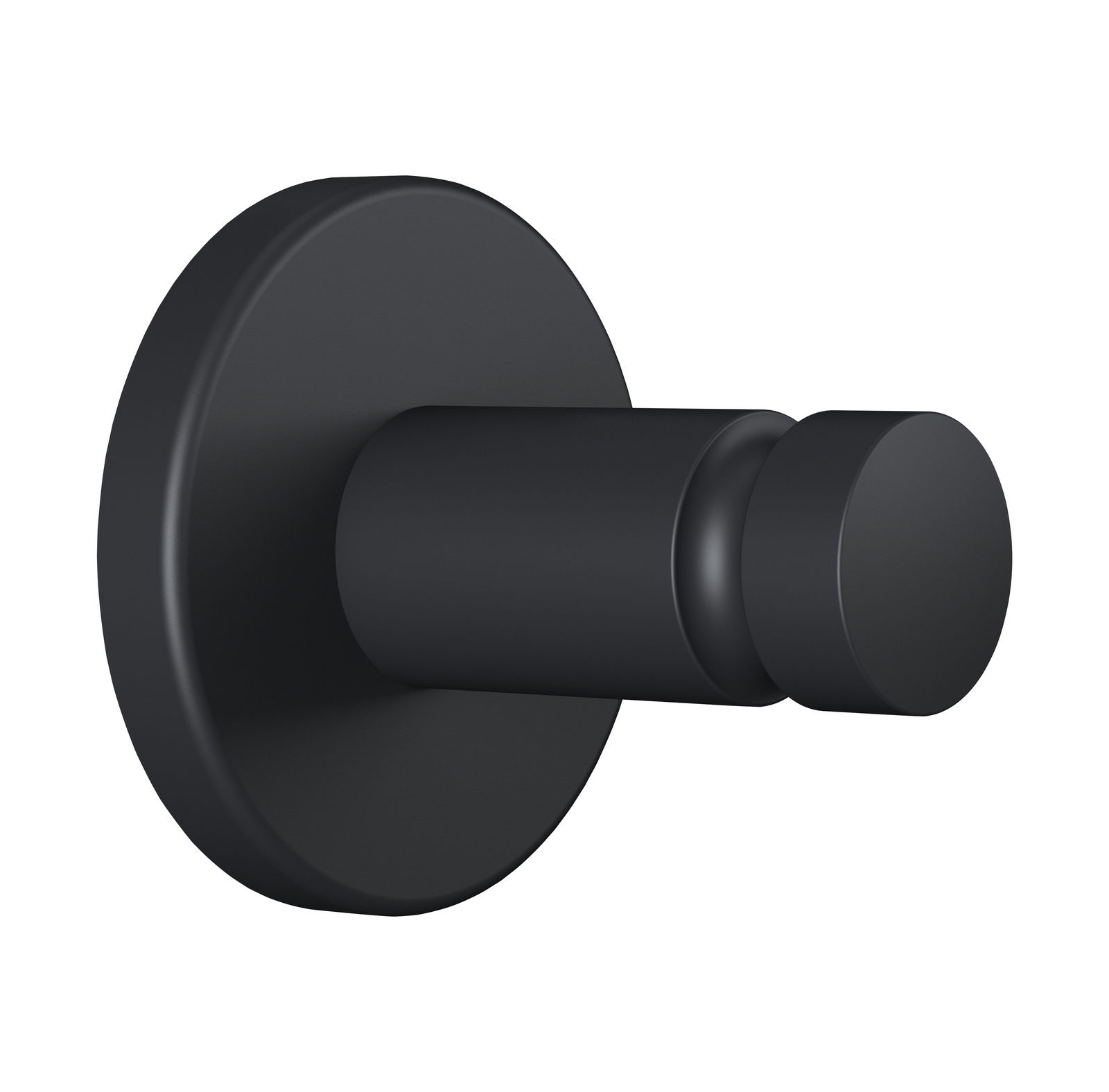 Schwarzer Handtuchhaken aus der Seitenperspektive, zylindrisches Design mit runder Basis.