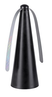 Schwarzer Fliegenwedler mit zwei flexiblen Flügeln, seitliche Perspektive