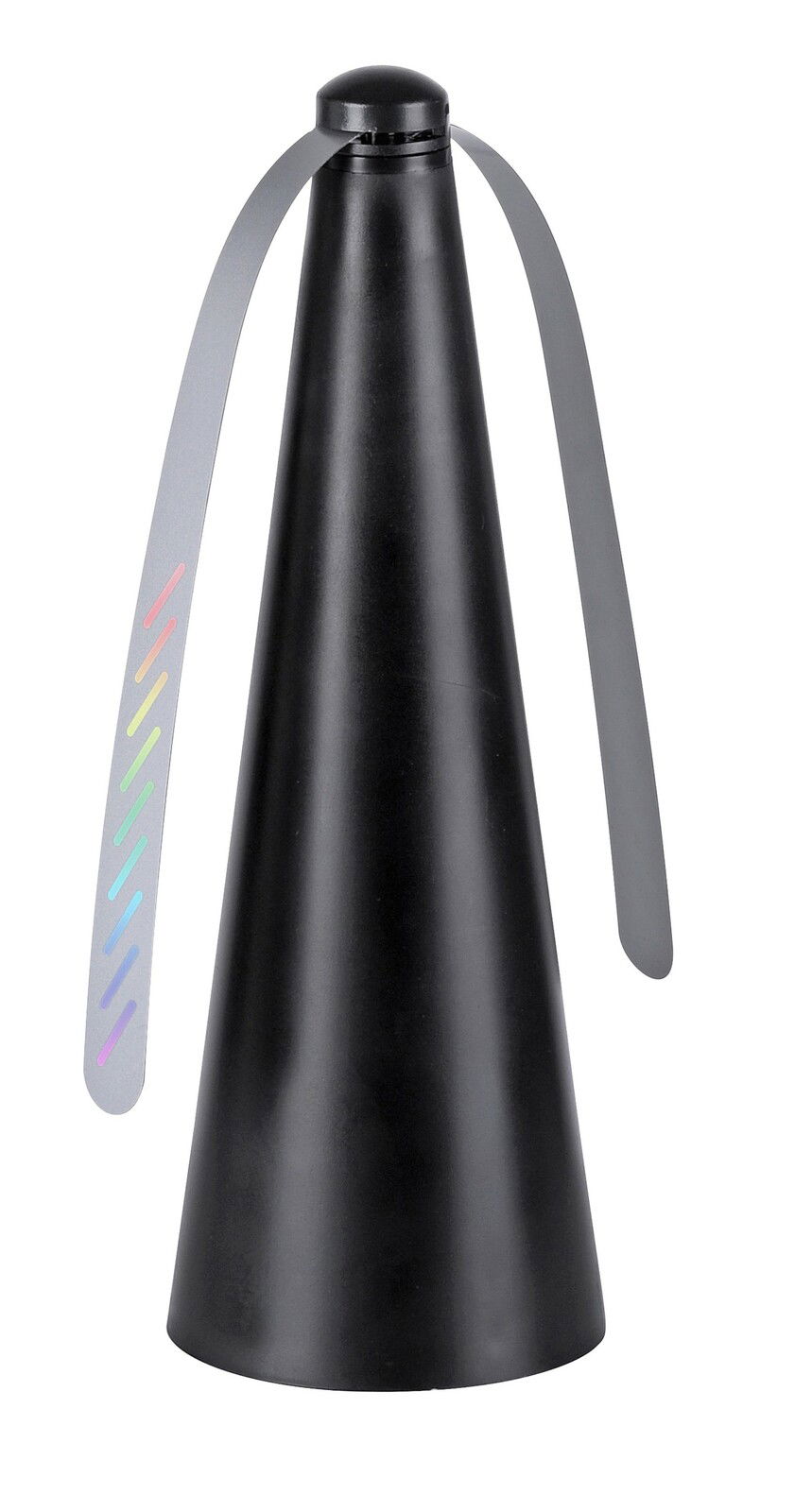 Schwarzer Fliegenwedler mit zwei flexiblen Flügeln, seitliche Perspektive