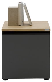 Moderner Nachttisch/Beistellschrank mit schwarzem Korpus und heller Holzplatte, darauf Bücher und Box; Frontalansicht mit leicht sichtbarer Oberseite