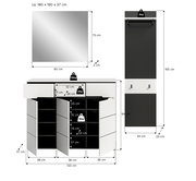 Maßgrafik eines Flur-Sets in Schwarz/Weiß: Wandspiegel (80×73×2 cm), Schuhschrank mit drei Türen (120×94×37 cm) und Garderobenpaneel (45×165×29 cm) mit Ablage und Haken, dargestellt in Frontansicht mit geöffneten Türen sowie Seitenansicht des Paneels; ink