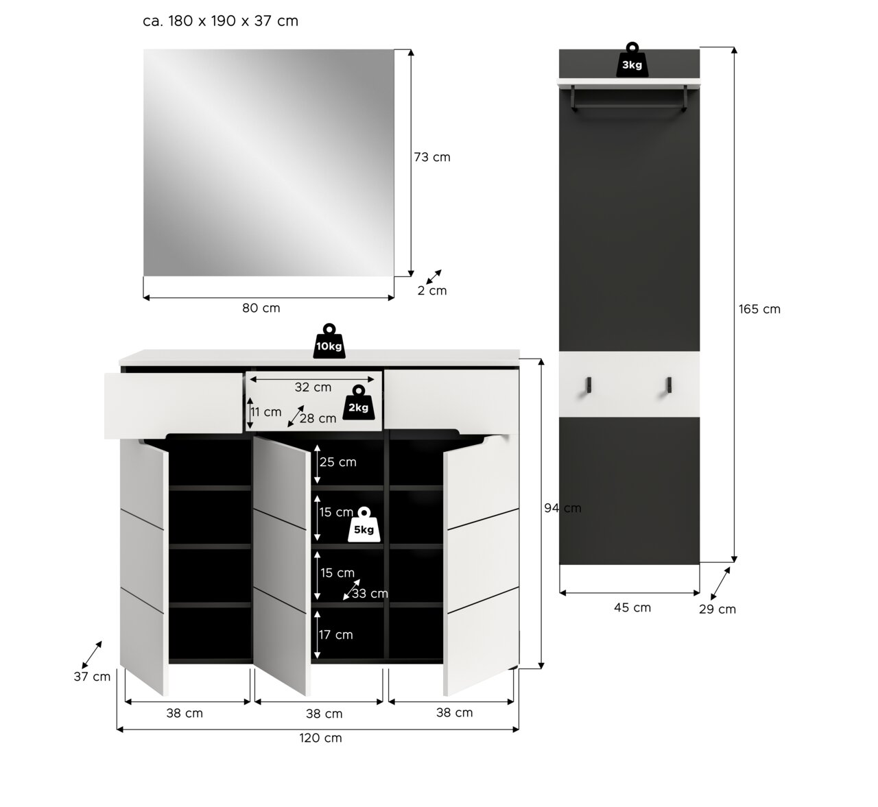 Maßgrafik eines Flur-Sets in Schwarz/Weiß: Wandspiegel (80×73×2 cm), Schuhschrank mit drei Türen (120×94×37 cm) und Garderobenpaneel (45×165×29 cm) mit Ablage und Haken, dargestellt in Frontansicht mit geöffneten Türen sowie Seitenansicht des Paneels; ink