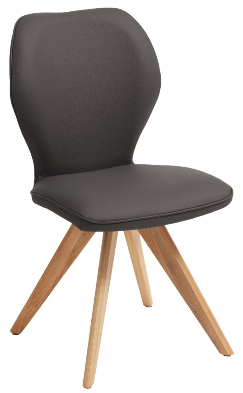 Moderner Stuhl mit schwarzem Sitz und Rückenlehne aus Leder, sowie Holzbeinen, seitliche Perspektive