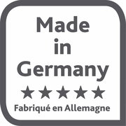 Label mit der Aufschrift 'Made in Germany' und fünf Sternen, perspektivisch von vorne.