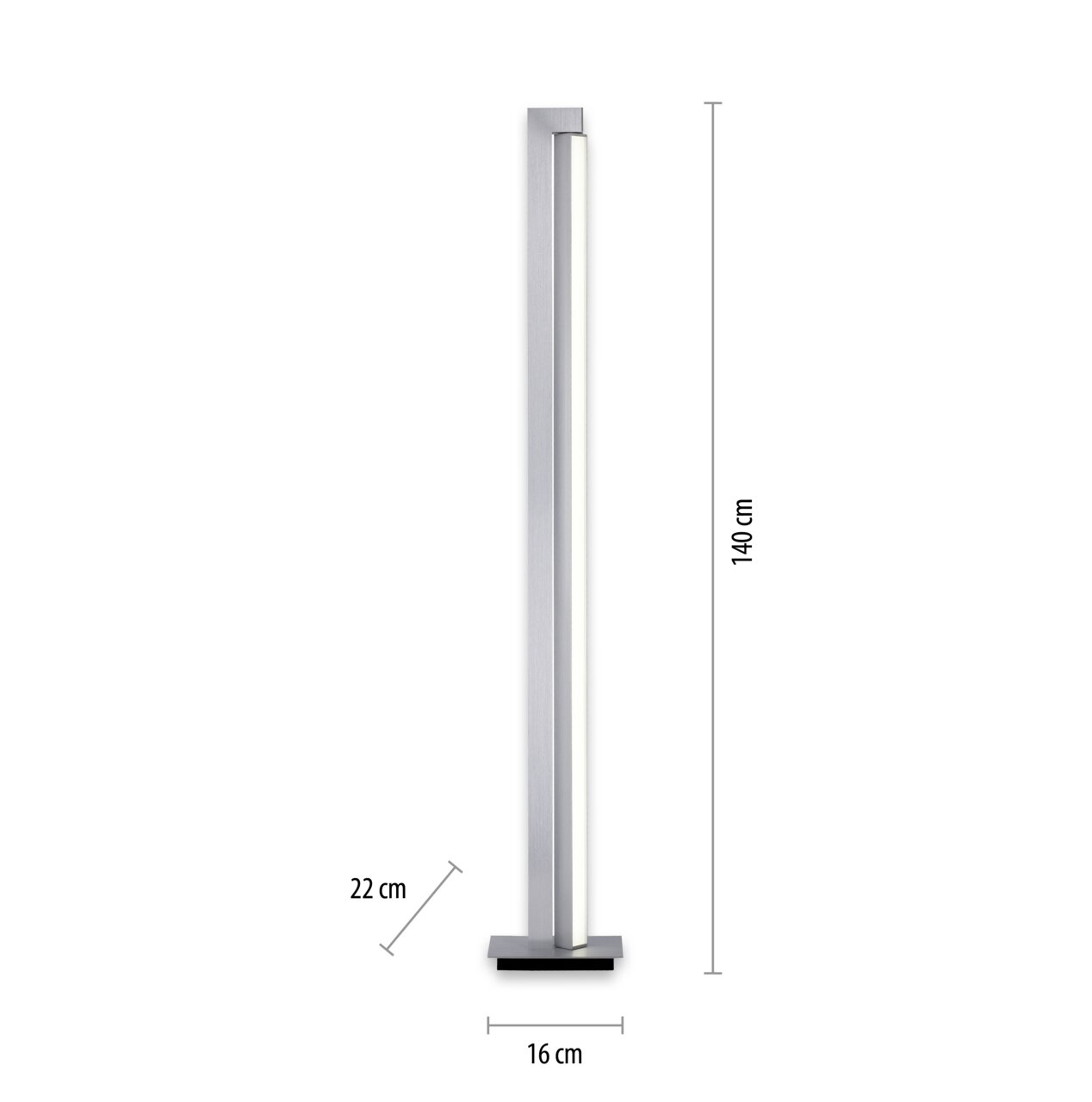 Staande lamp PURE-LINES in zijaanzicht, 140 cm hoog, modern ontwerp met een smalle, rechthoekige voet.