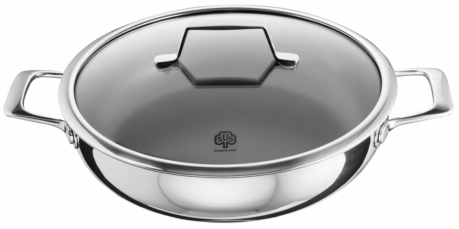 Edelstahl-Bräter/Schmorpfanne mit Glasdeckel und zwei seitlichen Griffen, Schulte-Ufer Logo sichtbar, Ansicht schräg von oben (Frontansicht)