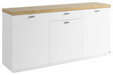 Weißes Sideboard mit drei Schubladen und Holzplatte, seitliche Perspektive