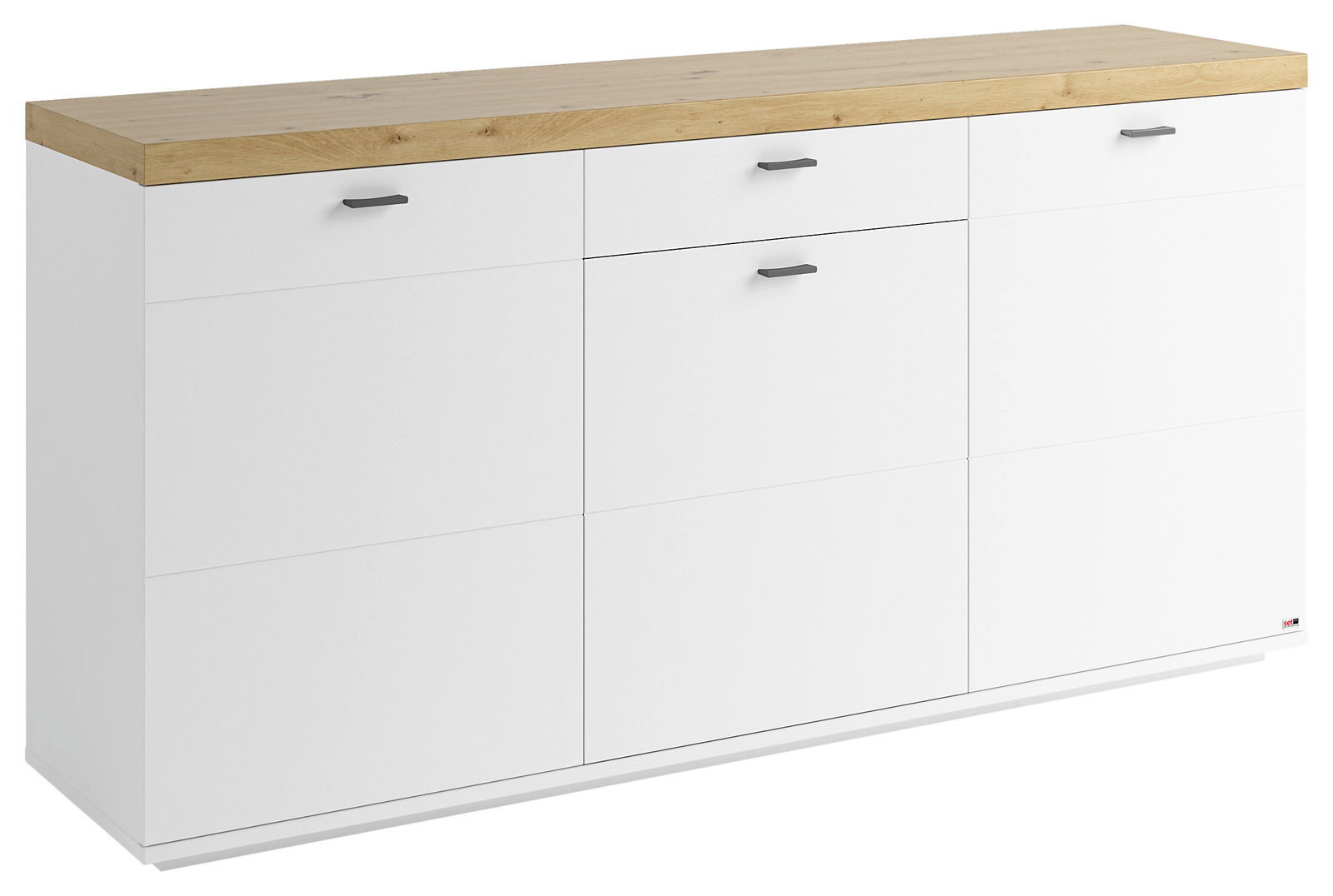 Weißes Sideboard mit drei Schubladen und Holzplatte, seitliche Perspektive