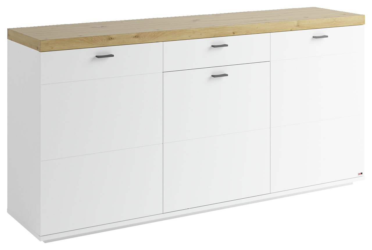 Set one by Musterring Sideboard SET ONE LANCASTER Weißes Sideboard mit drei Schubladen und Holzplatte, seitliche Perspektive