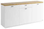 Weißes Sideboard mit drei Schubladen und Holzplatte, seitliche Perspektive