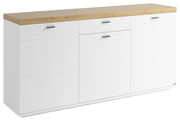 Weißes Sideboard mit drei Schubladen und Holzplatte, seitliche Perspektive
