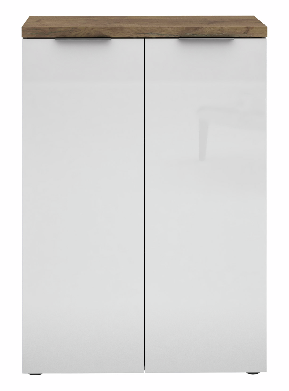 Moderner, niedriger Aktenschrank mit zwei weißen Türen und einer Holzoberfläche, Frontalansicht