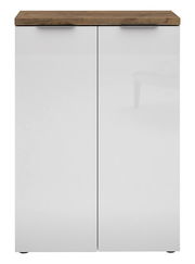 Moderner, niedriger Aktenschrank mit zwei weißen Türen und einer Holzoberfläche, Frontalansicht