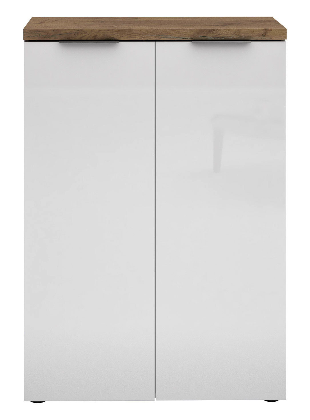 Moderner, niedriger Aktenschrank mit zwei weißen Türen und einer Holzoberfläche, Frontalansicht