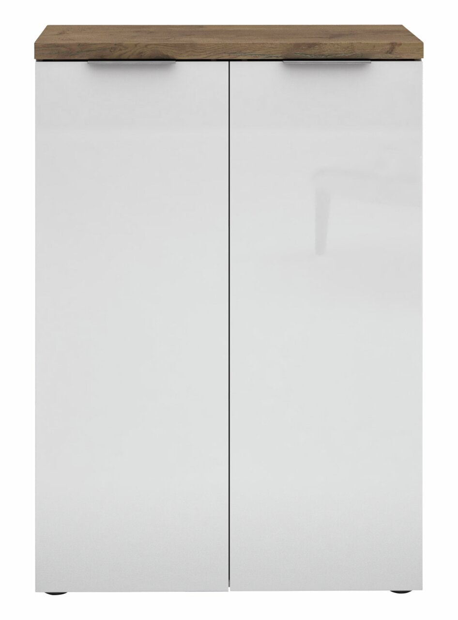 Moderner, niedriger Aktenschrank mit zwei weißen Türen und einer Holzoberfläche, Frontalansicht