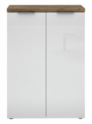 Moderner, niedriger Aktenschrank mit zwei weißen Türen und einer Holzoberfläche, Frontalansicht