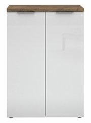 Moderner, niedriger Aktenschrank mit zwei weißen Türen und einer Holzoberfläche, Frontalansicht