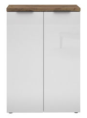 Moderner, niedriger Aktenschrank mit zwei weißen Türen und einer Holzoberfläche, Frontalansicht