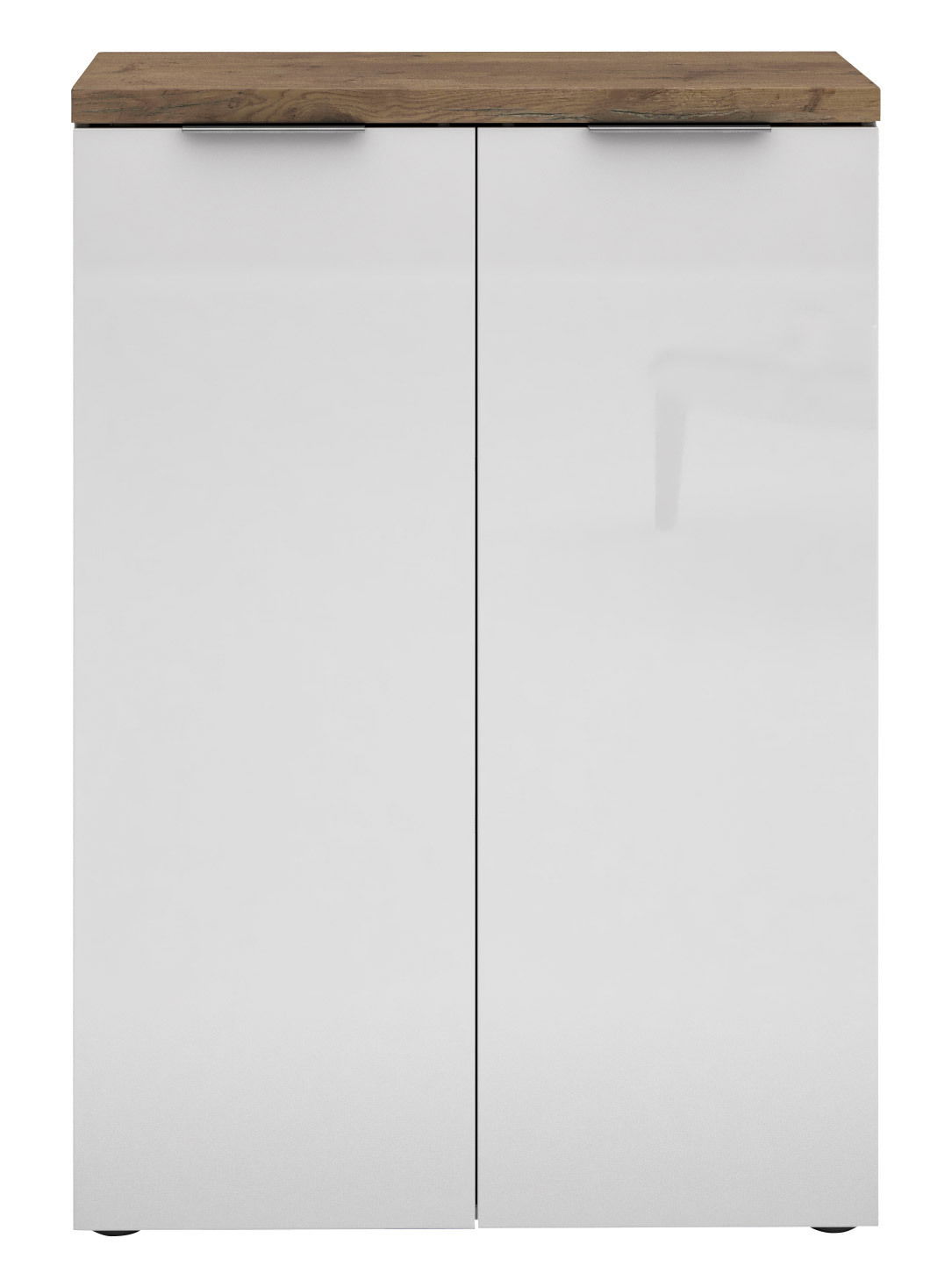 Moderner, niedriger Aktenschrank mit zwei weißen Türen und einer Holzoberfläche, Frontalansicht