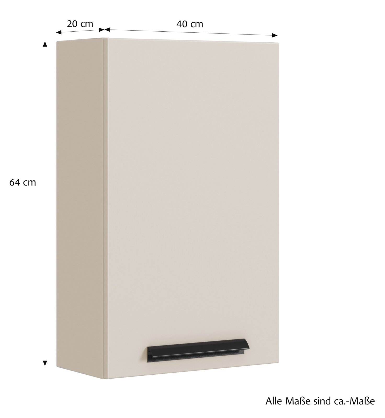 Hangkast in beige met zwarte handgreep, afmetingen: 64 cm hoog, 40 cm breed, 20 cm diep, zijaanzicht