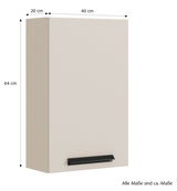 Hängeschrank in Beige mit schwarzem Griff, Maße 64 cm Höhe, 40 cm Breite, 20 cm Tiefe, seitliche Perspektive
