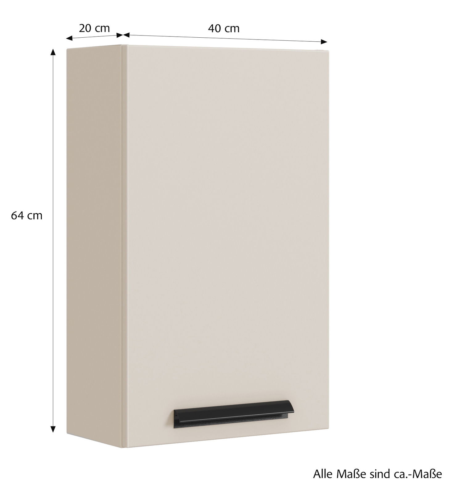 Hängeschrank in Beige mit schwarzem Griff, Maße 64 cm Höhe, 40 cm Breite, 20 cm Tiefe, seitliche Perspektive