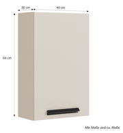 Hängeschrank in Beige mit schwarzem Griff, Maße 64 cm Höhe, 40 cm Breite, 20 cm Tiefe, seitliche Perspektive