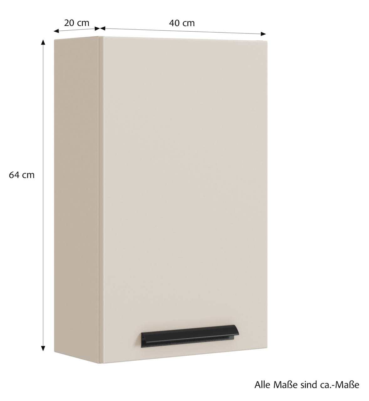 Hängeschrank in Beige mit schwarzem Griff, Maße 64 cm Höhe, 40 cm Breite, 20 cm Tiefe, seitliche Perspektive