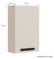 Hängeschrank in Beige mit schwarzem Griff, Maße 64 cm Höhe, 40 cm Breite, 20 cm Tiefe, seitliche Perspektive