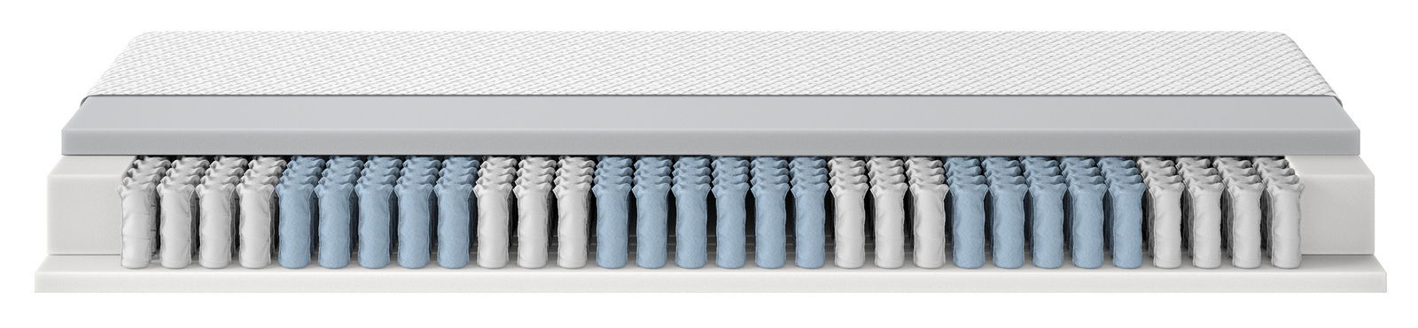 Querschnitt einer TTFK-Matratze mit sichtbaren Taschenfedern in Blau und Weiß, seitliche Perspektive