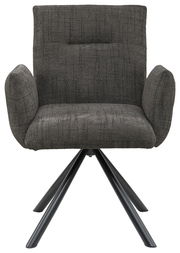 Grauer Armlehnstuhl mit gepolstertem Sitz und Rückenlehne, auf schwarzem Metallgestell, Frontalansicht