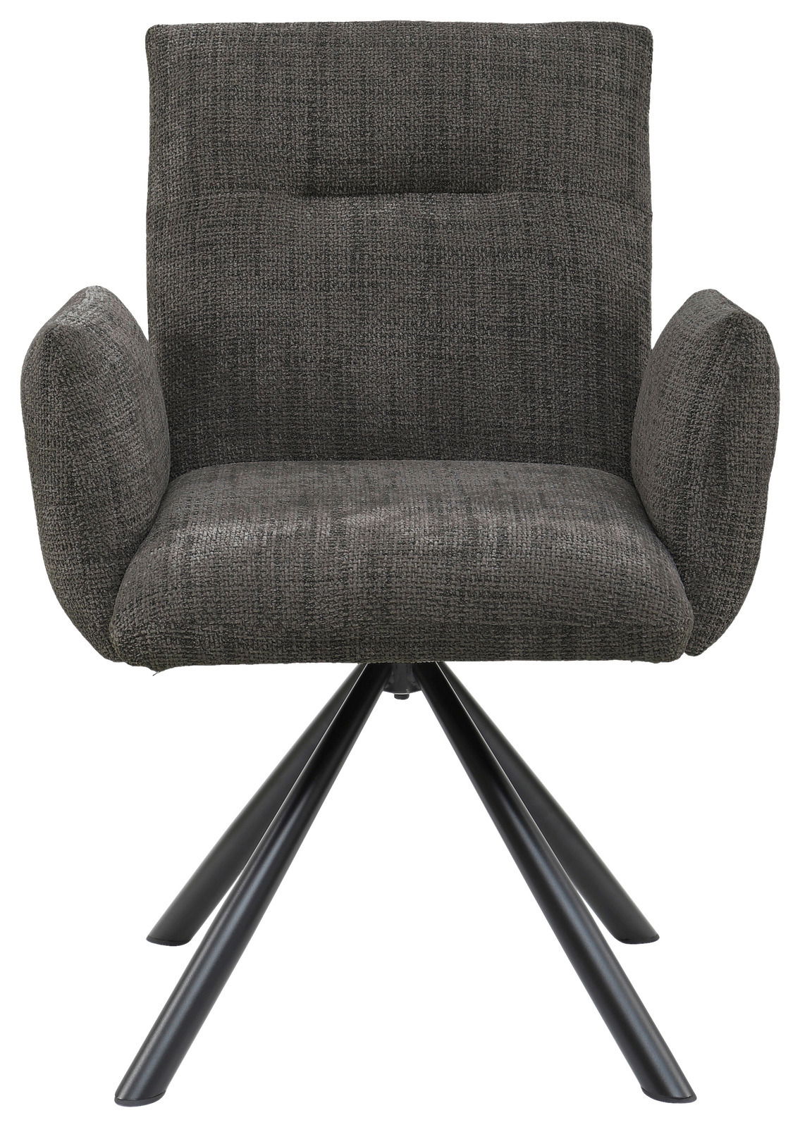 Grauer Armlehnstuhl mit gepolstertem Sitz und Rückenlehne, auf schwarzem Metallgestell, Frontalansicht
