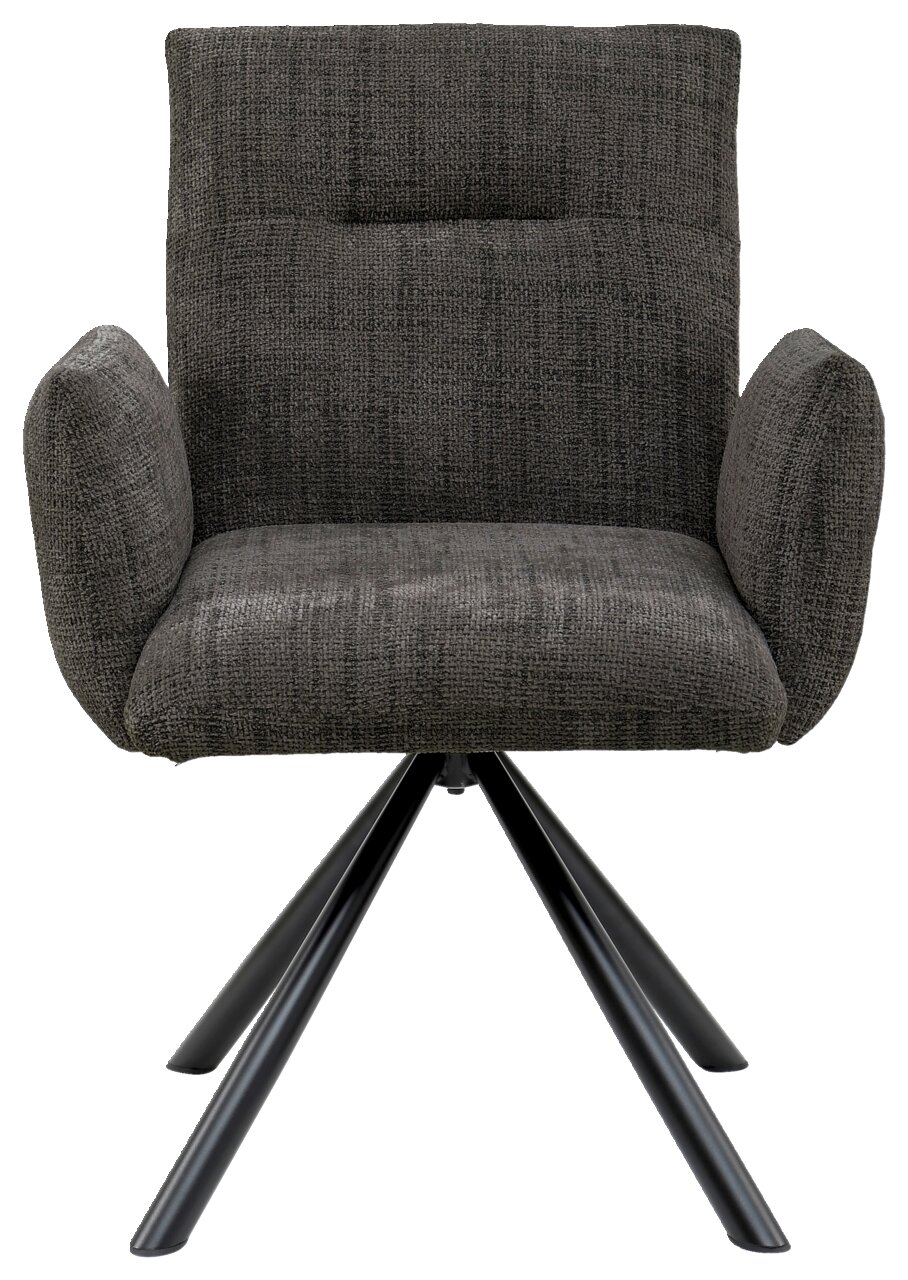 Grijze fauteuil met gestoffeerde zitting en rugleuning, op een zwart metalen onderstel, vooraanzicht