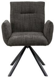 Grijze fauteuil met gestoffeerde zitting en rugleuning, op een zwart metalen onderstel, vooraanzicht