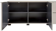 Geöffneter Sideboard-Schrank mit zwei Türen und vier Fächern, Innenraum in Schwarz, Frontalansicht