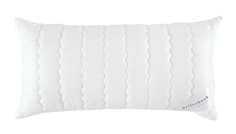 Weißes Kopfkissen aus Faser, rechteckig, mit wellenförmiger Steppung, Draufsicht.