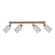 Moderne plafondlamp met 4 verstelbare spotkappen in mat wit met beige plafondplaat, frontaanzicht op witte achtergrond