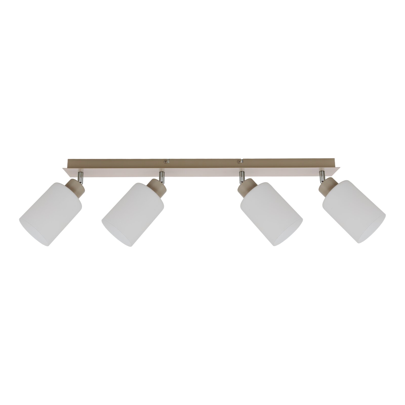 Moderne plafondlamp met 4 verstelbare spotkappen in mat wit met beige plafondplaat, frontaanzicht op witte achtergrond