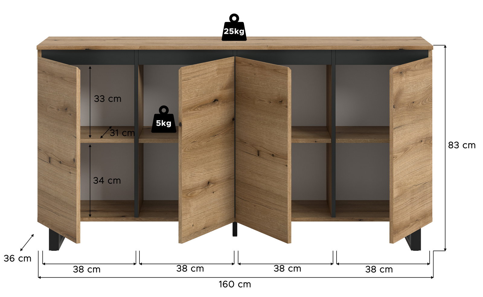 Frontansicht eines Sideboards mit vier offenen Türen, Holzoptik, Maße: 160 cm Breite, 83 cm Höhe, 36 cm Tiefe, Belastbarkeit: 25 kg oben, 5 kg pro Regal.