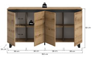 Frontansicht eines Sideboards mit vier offenen Türen, Holzoptik, Maße: 160 cm Breite, 83 cm Höhe, 36 cm Tiefe, Belastbarkeit: 25 kg oben, 5 kg pro Regal.