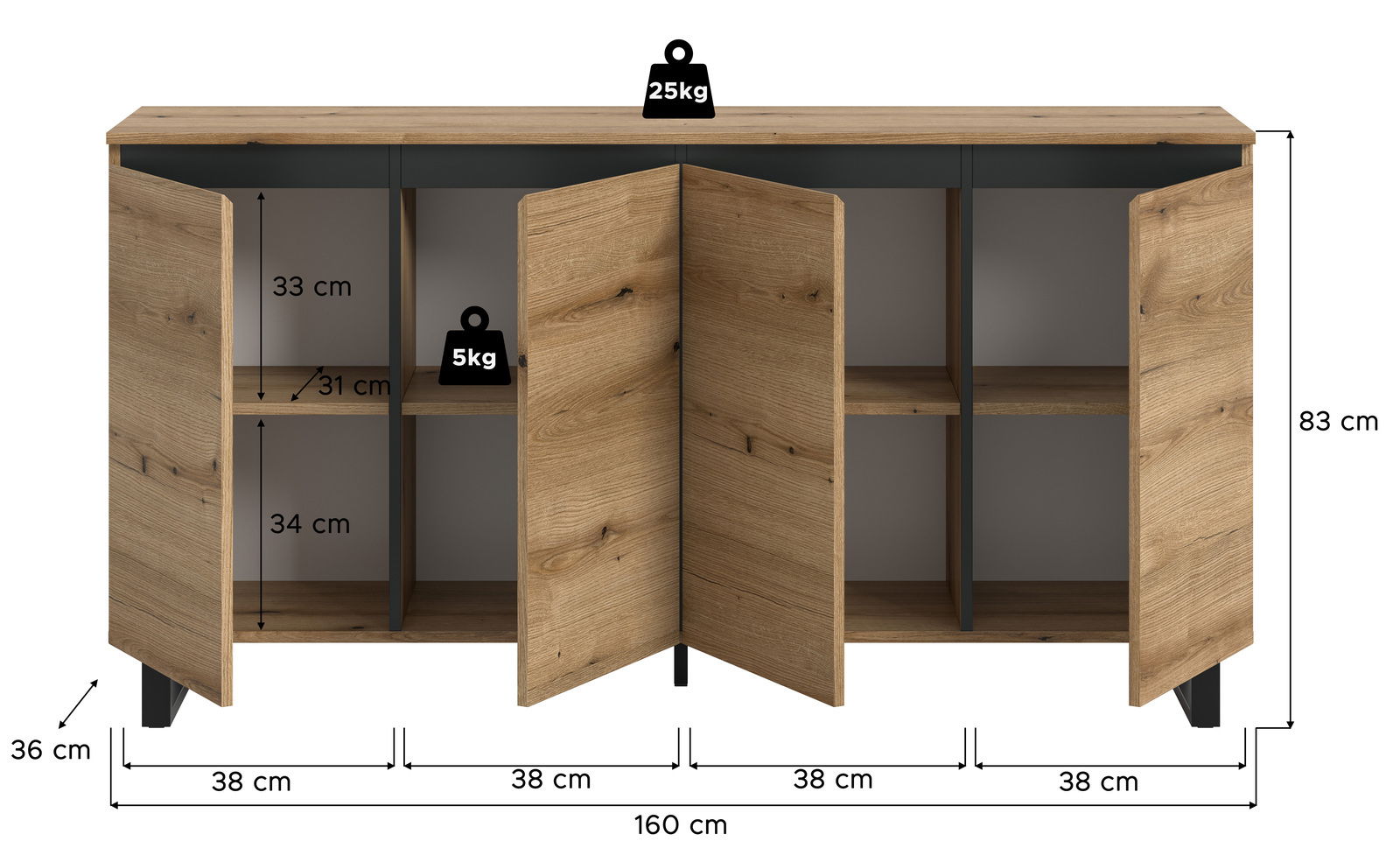 Frontansicht eines Sideboards mit vier offenen Türen, Holzoptik, Maße: 160 cm Breite, 83 cm Höhe, 36 cm Tiefe, Belastbarkeit: 25 kg oben, 5 kg pro Regal.