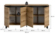 Frontansicht eines Sideboards mit vier offenen Türen, Holzoptik, Maße: 160 cm Breite, 83 cm Höhe, 36 cm Tiefe, Belastbarkeit: 25 kg oben, 5 kg pro Regal.