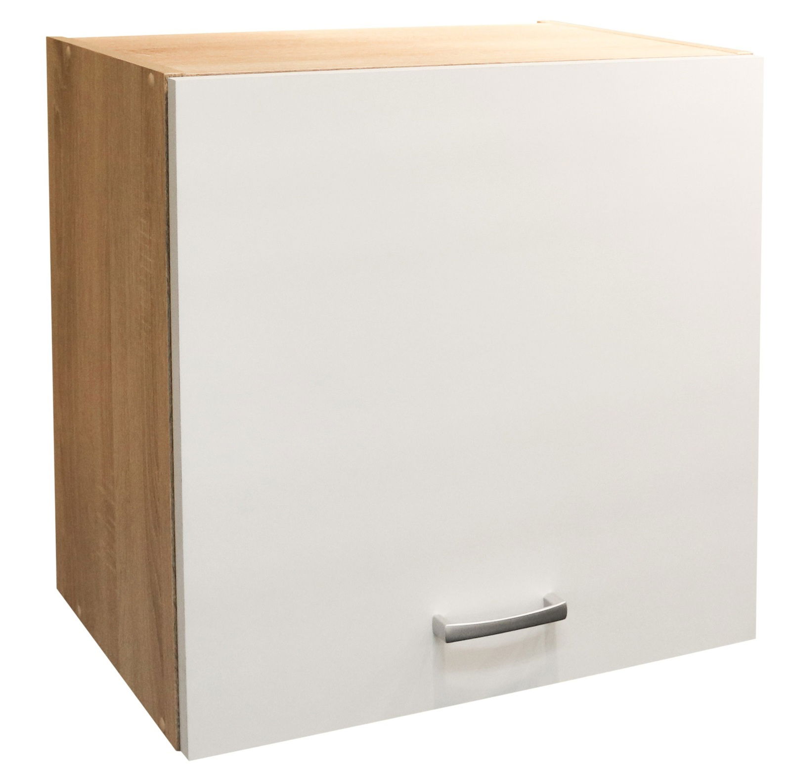 Hängeschrank mit weißer Front und Holzseiten, Perspektive von vorne links