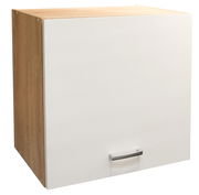 Hängeschrank mit weißer Front und Holzseiten, Perspektive von vorne links