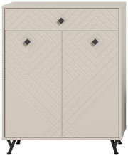 Schuhkommode mit geometrischem Muster, frontal fotografiert