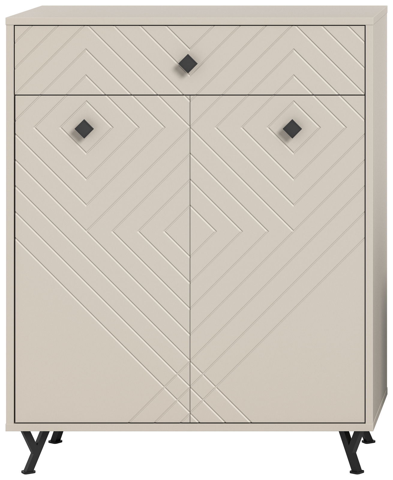 Schuhkommode mit geometrischem Muster, frontal fotografiert