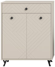 Schuhkommode mit geometrischem Muster, frontal fotografiert