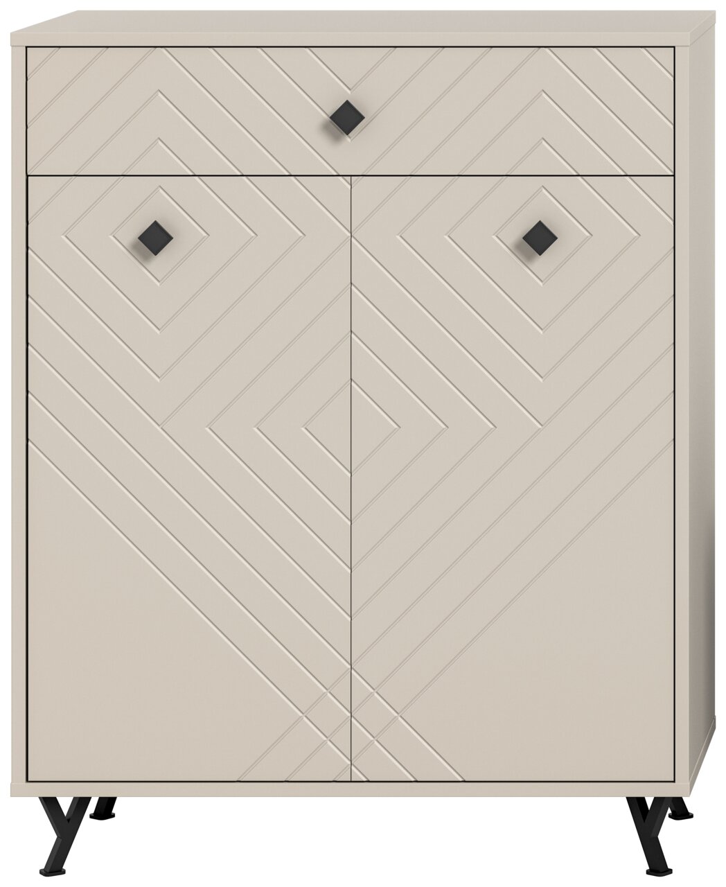 Schuhkommode mit geometrischem Muster, frontal fotografiert