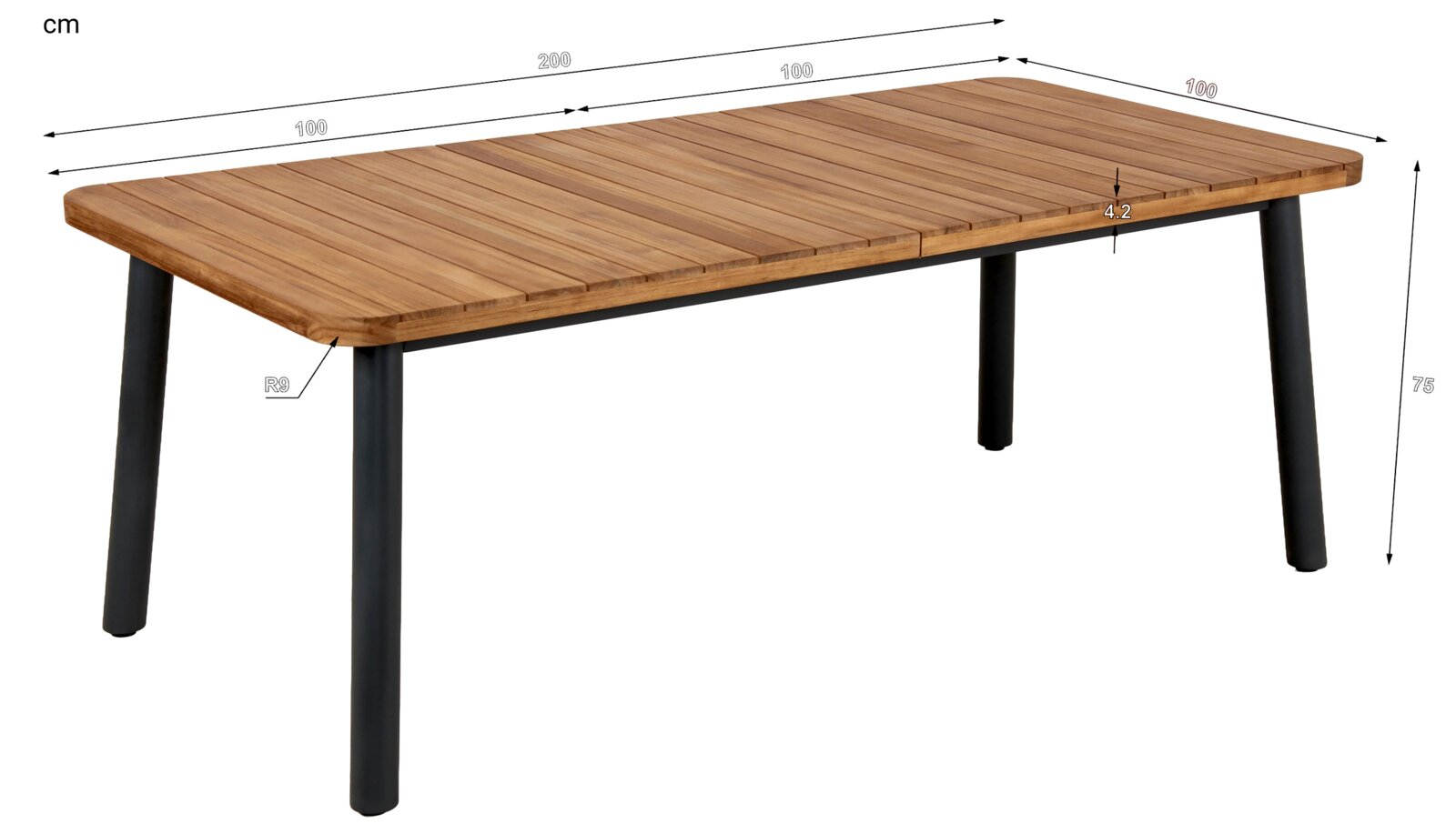 Gartenausziehtisch aus Holz mit Metallbeinen, seitliche Perspektive, Maße 200 cm x 100 cm x 75 cm