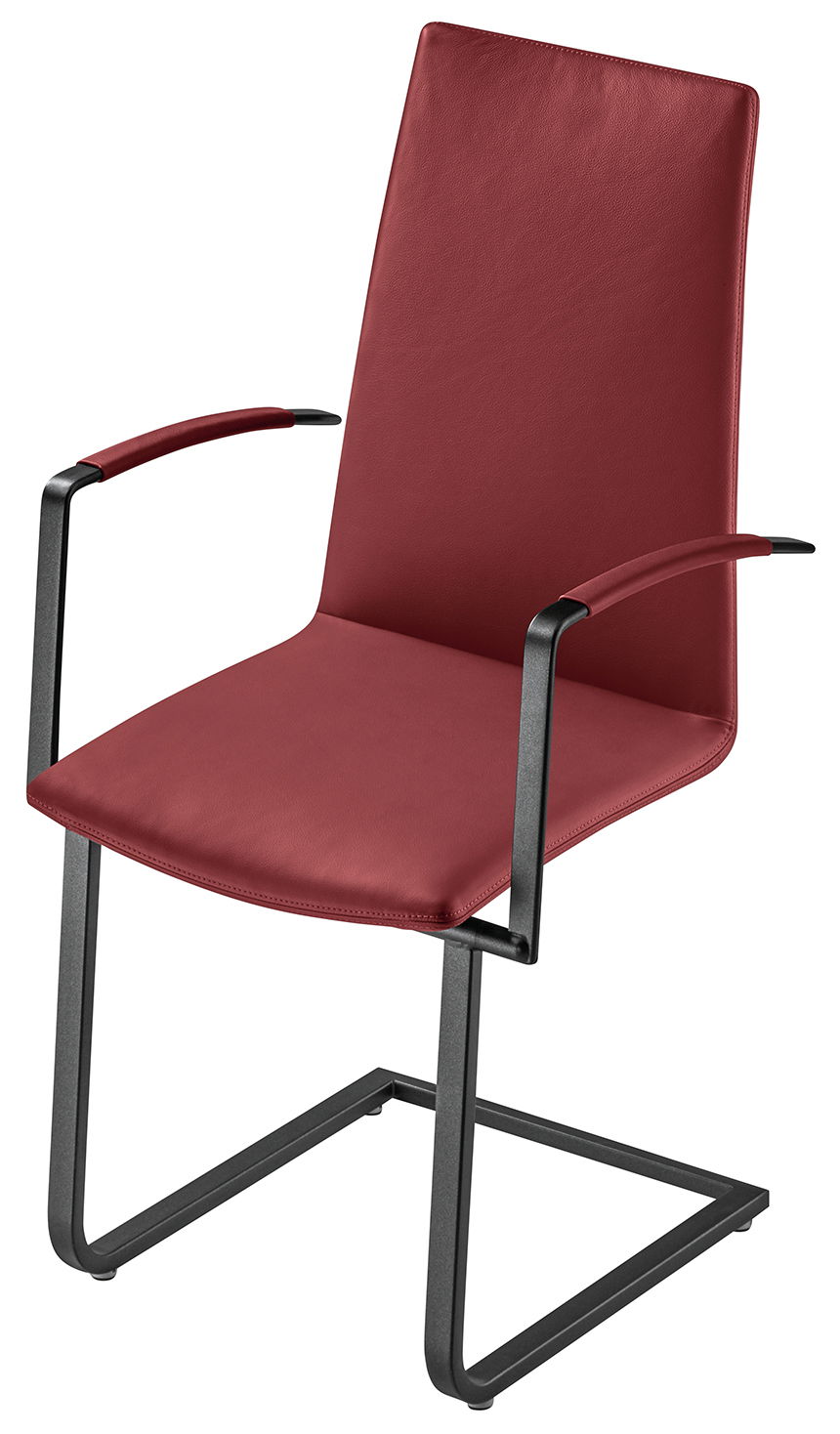 Moderner roter Sessel mit Metallgestell, seitliche Perspektive